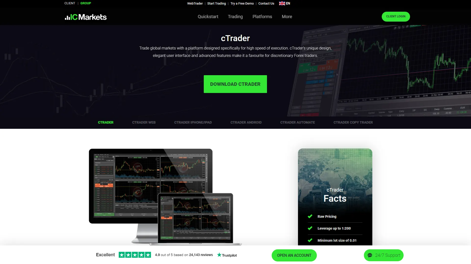 IC Markets recenzia – Platforma cTrader Premium pre grafické a manuálne obchodovanie dostupná na IC Markets